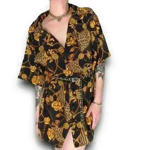 Vintage Black Gold‎ Button Up Leopard Print Chains Floral Top Blouse TR Bentley